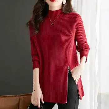 DIMANAF осенние женские свитера на молнии пуловеры топы женские водолазки вязаные базовые 2024 однотонные футболки рубашка свитер One Size чёрный