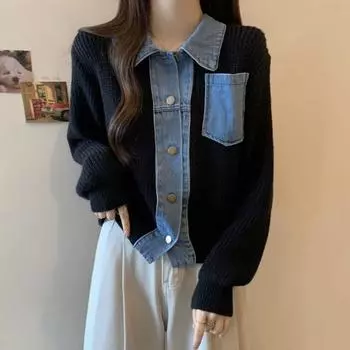 DIMANAF Осенние женские свитера пальто топы короткие тонкие джинсовые куртки женские сплайсированные трикотажные базовые однотонные футболки рубашка свитер One Size чёрный
