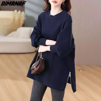 DIMANAF осенняя женская футболка больших размеров повседневные женские топы рубашки туника одежда оверсайз свободные однотонные толстовки с длинными рукавами L темно-синий