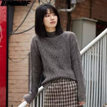 DIMANAF оверсайз женский свитер осень-зима вязаная водолазка элегантный пуловер повседневный женский винтажный свитер с круглым вырезом 2020 One Size серый