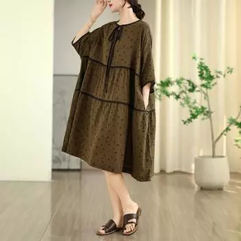 Dimanaf Платье-блузка изо льна большого размера для женщин 2025 с принтом Новый летний стиль Рубашка с круглым вырезом Свободная Новинка L коричневый