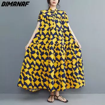 DIMANAF Платье больших размеров для женщин 2023 Новые платья-рубашки в летнем стиле Свободные платья с O-образным вырезом и цветочным принтом Новые 737