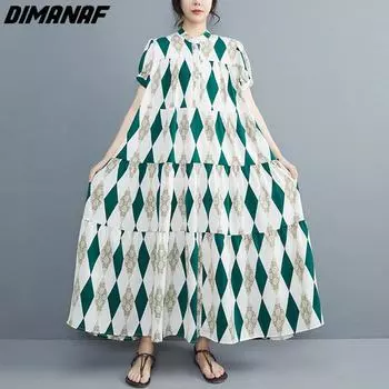 DIMANAF Платье больших размеров Женщины 2023 Новый летний стиль Рубашка Клетчатые платья Свободные платья с O-образным вырезом и цветочным принтом Новые