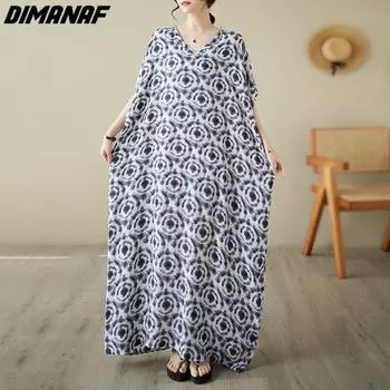 DIMANAF Платье больших размеров Женщины 2023 Новые льняные платья в летнем стиле с V-образным вырезом Длинные свободные платья с O-образным вырезом