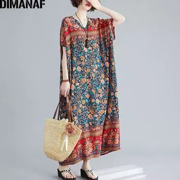DIMANAF Платье больших размеров Женская одежда Летний сарафан Богемный цветочный принт Элегантное женское платье Vestidos Свободное платье макси больших размеров 5XL One Size красный