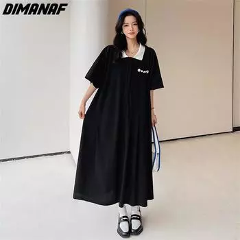 DIMANAF Платье больших размеров Женское 2023 Хлопковое платье с вышивкой и принтом Летний стиль Макси с коротким рукавом Хлопок Oversize с круглым вырезом Свободные базовые платья
