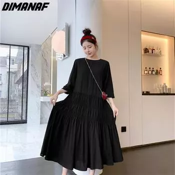 DIMANAF платье больших размеров женское, новинка 2023 года, летнее стильное черное свободное базовое платье с короткими рукавами и круглым вырезом