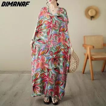 DIMANAF платье больших размеров женское 2023 новое летнее стильное платье-рубашка с v-образным вырезом красные свободные платья с круглым вырезом красные цветочные новые