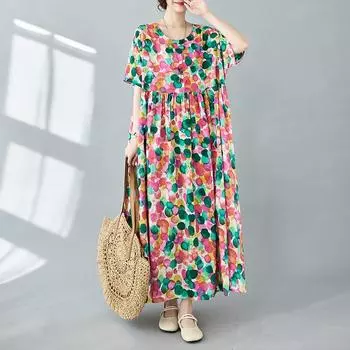 DIMANAF платье больших размеров женское 2024 новое летнее стильное зеленое платье свободные платья с круглым вырезом и цветочным принтом новинка 1042 one size