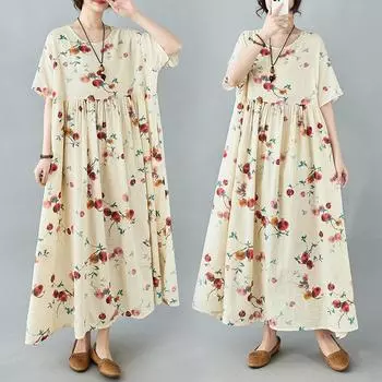 DIMANAF платье больших размеров женское 2024 новое летнее стильное зеленое платье свободные платья с круглым вырезом и цветочным принтом новинка 1046 one size
