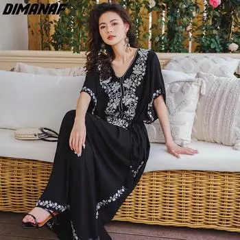 DIMANAF платье больших размеров женское 2023 новое летнее стильное платье летучая мышь свободные платья с v-образным вырезом и цветочным принтом новые one size чёрный