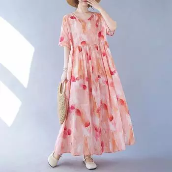 DIMANAF платье больших размеров женское 2024 новое летнее стильное зеленое платье свободные платья с круглым вырезом и цветочным принтом новинка 1089 One Size