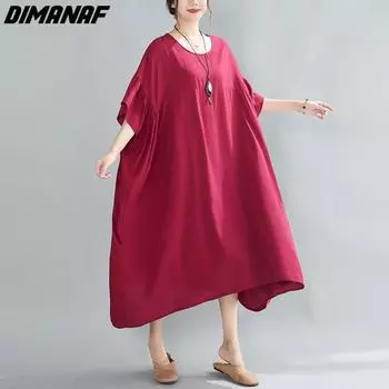 DIMANAF платье больших размеров женское, новинка 2023 года, однотонное летнее стильное платье-рубашка с круглым вырезом, свободные платья, новинка one size синий