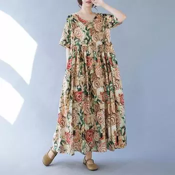 DIMANAF платье больших размеров женское 2024 новое летнее стильное зеленое платье свободные платья с круглым вырезом и цветочным принтом новинка 1083 One Size