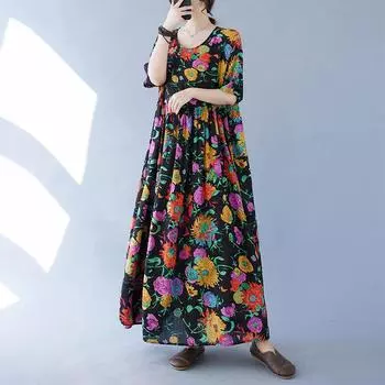 DIMANAF платье больших размеров женское 2024 новое летнее стильное зеленое платье свободные платья с круглым вырезом и цветочным принтом новинка 1082 One Size