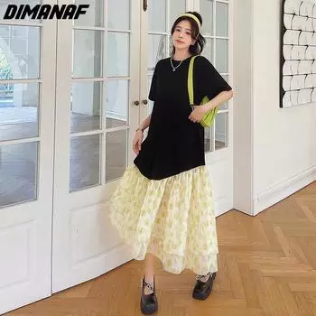 DIMANAF Платье больших размеров Женское 2023 Новое летнее стильное хлопковое платье с коротким рукавом и круглым вырезом с круглым вырезом в стиле пэчворк Свободные базовые зеленые платья в стиле пэчворк