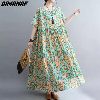 DIMANAF платье больших размеров женское 2023 новые летние стильные зеленые платья свободные платья с круглым вырезом и цветочным принтом новые one size зелёный
