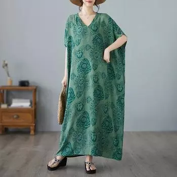 DIMANAF платье больших размеров женское 2024 летнее платье с v-образным вырезом богемный цветочный принт белое элегантное женское свободное свободное платье макси больших размеров One Size