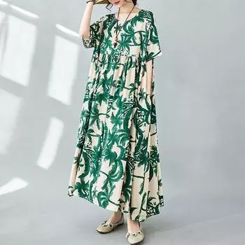 DIMANAF платье больших размеров женское 2024 новое летнее стильное зеленое платье с круглым вырезом зеленые свободные платья с цветочным принтом новые