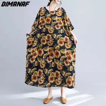 DIMANAF платье больших размеров женское 2023 новое летнее стильное платье-рубашка с круглым вырезом большие свободные платья с цветочным принтом новые