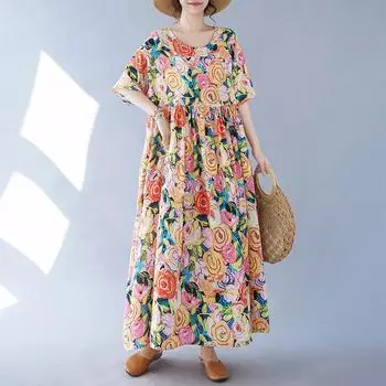 DIMANAF платье больших размеров женское 2024 новое летнее стильное зеленое платье свободные платья с круглым вырезом и цветочным принтом новинка 1085 One Size