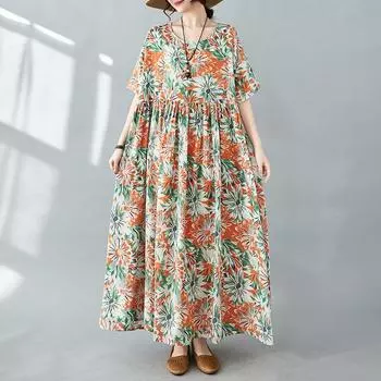 DIMANAF платье больших размеров женское 2024 новое летнее стильное зеленое платье свободные платья с круглым вырезом и цветочным принтом новинка 1030 one size