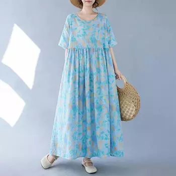 DIMANAF платье больших размеров женское 2024 новое летнее стильное зеленое платье свободные платья с круглым вырезом и цветочным принтом новинка 1088 One Size небесно-голубой