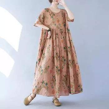 DIMANAF платье больших размеров женское 2024 новое летнее стильное зеленое платье свободные платья с круглым вырезом и цветочным принтом новинка 1079 One Size