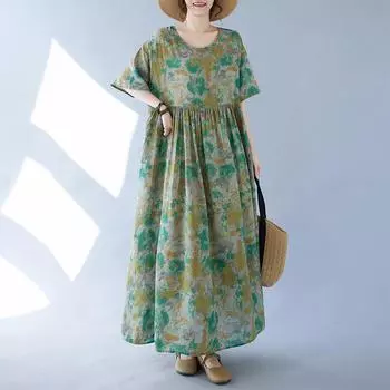 DIMANAF платье больших размеров женское 2024 новое летнее стильное зеленое платье свободные платья с круглым вырезом и цветочным принтом новинка 1087 One Size зелёный