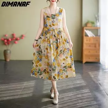DIMANAF платье больших размеров женское 2023 новый жилет без рукавов с цветочным принтом летний стиль макси льняное платье оверсайз с круглым вырезом свободные базовые платья желтого цвета