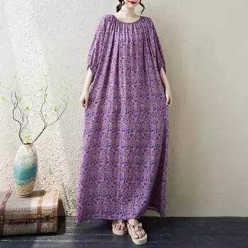 Dimanaf Платье большого размера 2025 Женское летнее повседневное винтажное цветочное платье Базовая печать Длинное пляжное элегантное свободное платье One Size