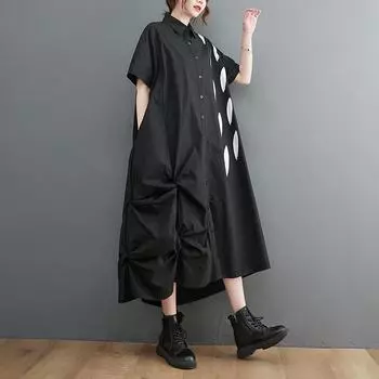 Dimanaf Платье большого размера свободного кроя с принтом Женское 2025 Пуговицы Новое Летнее Повседневное Стильное Платье-рубашка Макси One Size чёрный