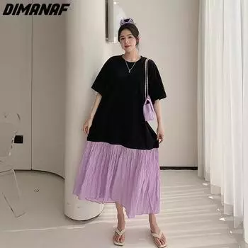 DIMANAF платье-футболка больших размеров женское, новинка 2023 года, летнее стильное макси-платье из хлопка с короткими рукавами и круглым вырезом, свободные лоскутные базовые платья