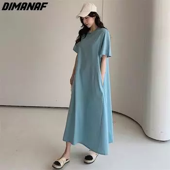 DIMANAF платье-футболка больших размеров женское, новинка 2023 года, однотонное летнее стильное платье макси с короткими рукавами, хлопковые свободные базовые платья оверсайз с круглым вырезом