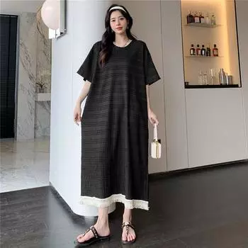 Dimanaf Платье-футболка больших размеров, летнее женское хлопковое дизайнерское платье, свободное пляжное повседневное женское сетчатое кружевное мягкое платье-трапеция с круглым вырезом, чистого цвета XL чёрный