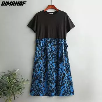 DIMANAF платье оверсайз с цветочным принтом женское лето 2022 новое элегантное синее повседневное платье большого размера с поясом и свободными карманами