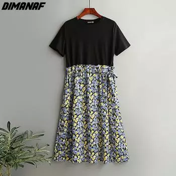 DIMANAF платье оверсайз с цветочным принтом женское лето 2022 новое полосатое шифоновое платье большого размера с поясом элегантное повседневное платье со свободными карманами синего цвета
