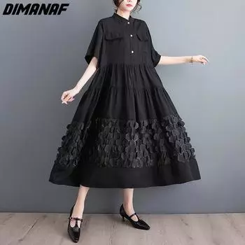DIMANAF платье-рубашка больших размеров женское длинное летнее стильное платье 2023 новое свободное кружевное платье с короткими рукавами и круглым вырезом с цветочным принтом новое большое