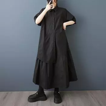 Dimanaf Платье свободного кроя больших размеров Базовое женское 2025 Пуговицы Новое Летнее Повседневный стиль Платье-рубашка Макси One Size чёрный