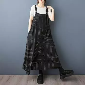 Dimanaf Платье свободного кроя большого размера с принтом для женщин 2025, без рукавов, новый летний стиль, черное платье-рубашка One Size чёрный