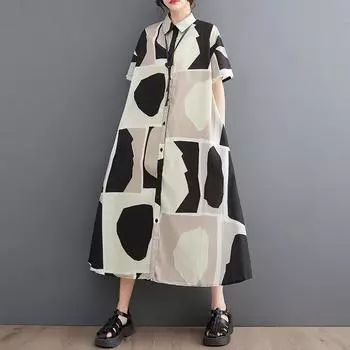 Dimanaf Платье свободного кроя большого размера с принтом Женское 2025 Новое Летнее Повседневное на пуговицах Базовый стиль Платье-рубашка Макси One Size абрикосовый