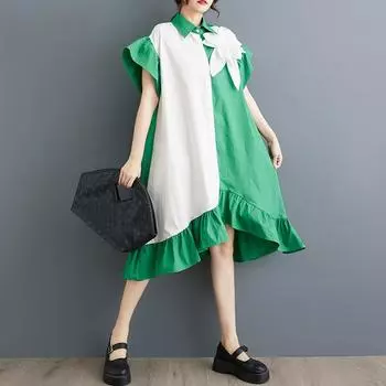 Dimanaf Платье свободного кроя большого размера женское 2025 пуговицы новый летний стиль рубашка повседневное платье макси One Size зелёный