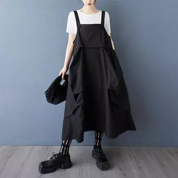 Dimanaf Платье свободного кроя большого размера женское 2025 плиссированное новый летний стиль элегантное платье-рубашка без рукавов One Size чёрный