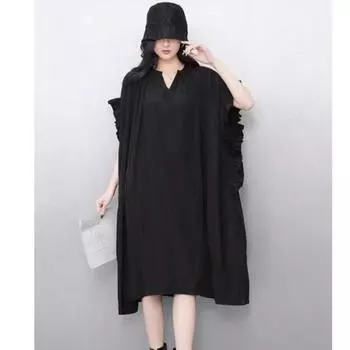 DIMANAF платье женское 2025 новый размер плюс летний стиль сетка короткий рукав шифон оверсайз однотонный свободный базовые платья желтый A one size чёрный