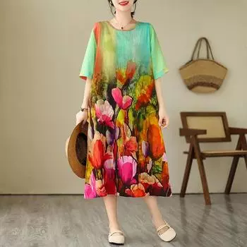 Dimanaf Платье женское больших размеров с короткими рукавами 2025 Цветочное Разноцветное Новый Летний Стиль Футболка О-образный вырез Свободное Новое One Size зелёный