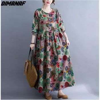 DIMANAF Плюс Размер 2021 Новое осеннее платье Женское льняное платье с цветочным принтом Элегантное повседневное платье макси с длинным рукавом Свободные винтажные платья большого размера Одежда 9020 L дубильная кора