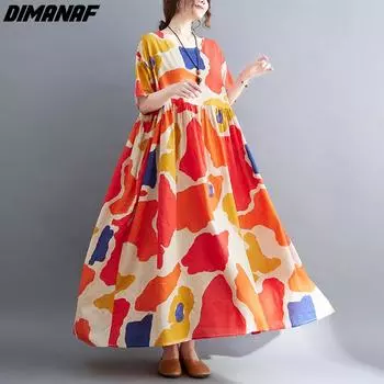 DIMANAF Плюс Размер 2022 Льняное летнее платье Пляжный сарафан Цветочный повседневная женская одежда Оранжевый One Size красный