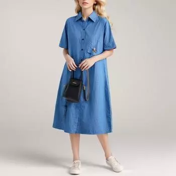 DIMANAF Плюс Размер 2024 Летнее женское джинсовое платье повседневное винтажное свободное длинное платье-рубашка с принтом