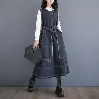 DIMANAF плюс размер 2024, летнее женское джинсовое платье, повседневное винтажное свободное платье с кисточками, длинное однотонное платье-рубашка без рукавов