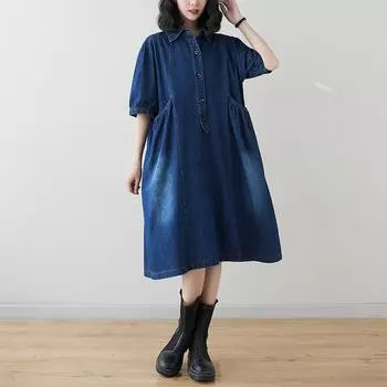 DIMANAF Плюс Размер 2024 Лето Женское Джинсовое Платье Повседневное Винтаж Свободный Стиль Синяя Длинная Базовая Однотонная Рубашка Мягкое Платье